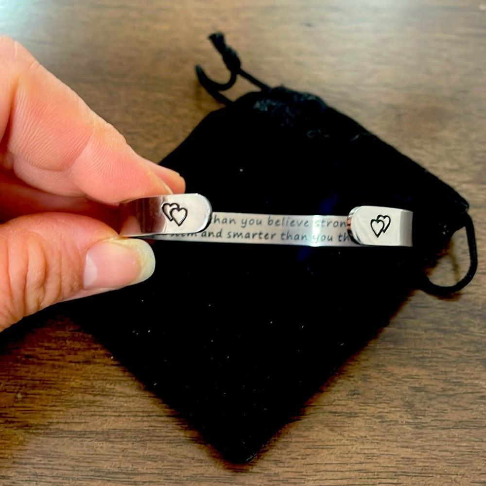 Mother’s Day Gift - Stainless bangle, engraved hearts and inspirational message.